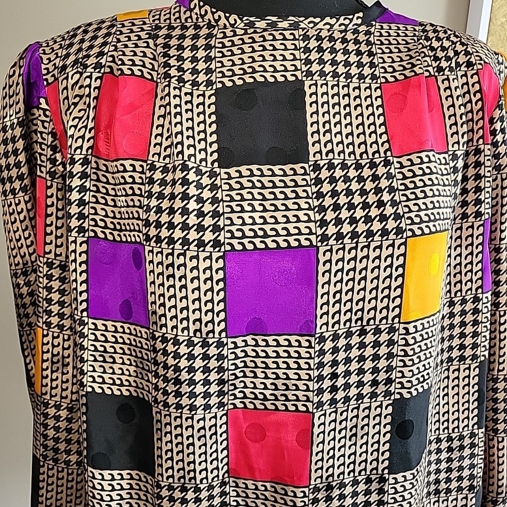POET by Nicola Vintage 80's Bold Colorblock Retro Geometric Silky Blouse Size 12 - Picture 2 of 12